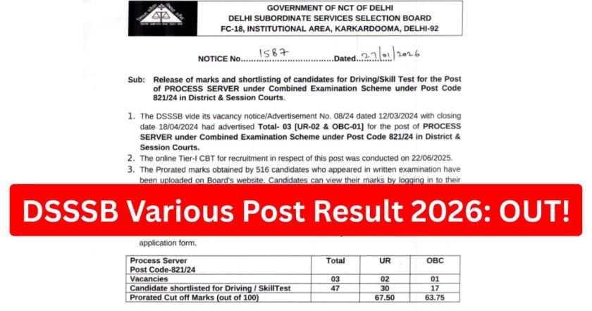 DSSSB Various Post Result 2026