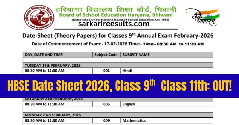 HBSE Date Sheet 2026