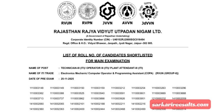 RRVUNL Pre Result 2026