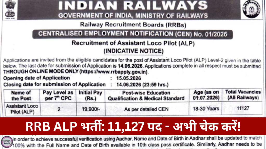 RRB ALP Notification PDF 2026: रेलवे में 11,127 पदों पर बंपर भर्ती ...