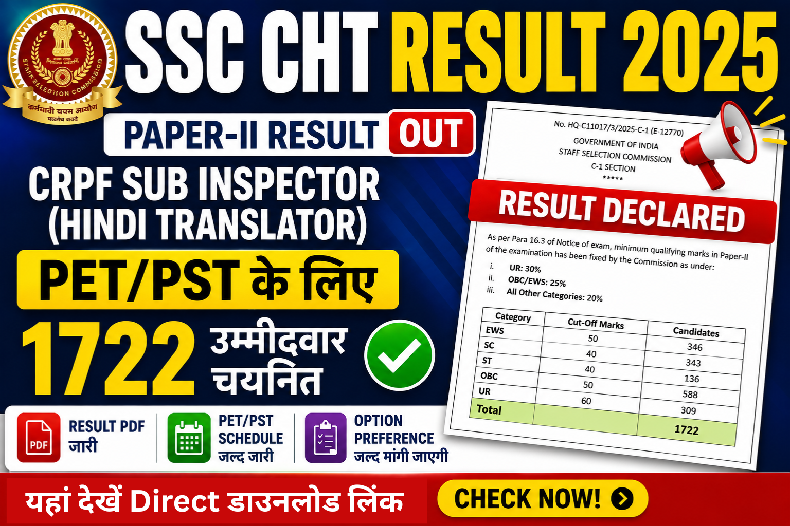 SSC CHT Paper 2 Result 2026