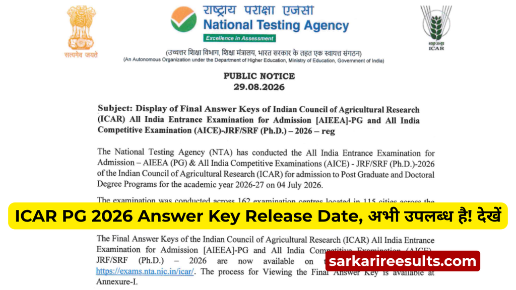 ICAR PG 2026 Answer Key Release Date