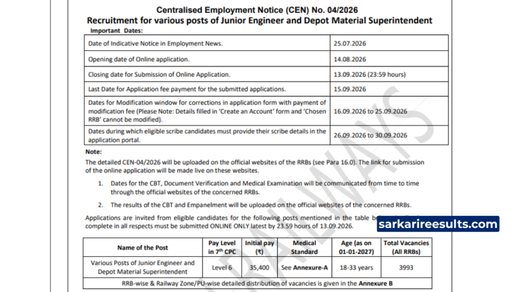 RRB JE 2026-27 Notification
