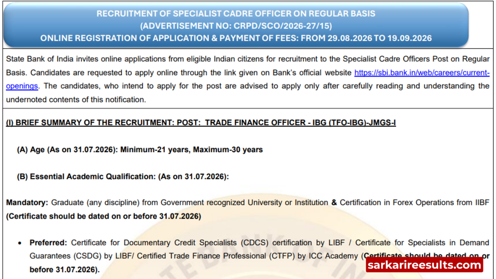 Sbi trade finance officer recruitment 2026 notification