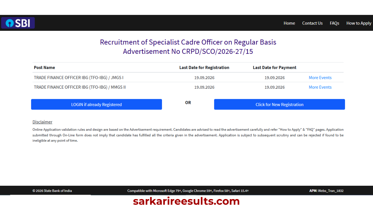 Sbi trade finance officer recruitment 2026 official website
